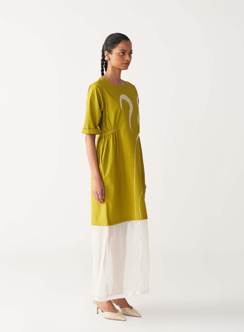 SHEER BOTTOM PANEL DRESS-LIME poplin by THREE for women in Singapore
