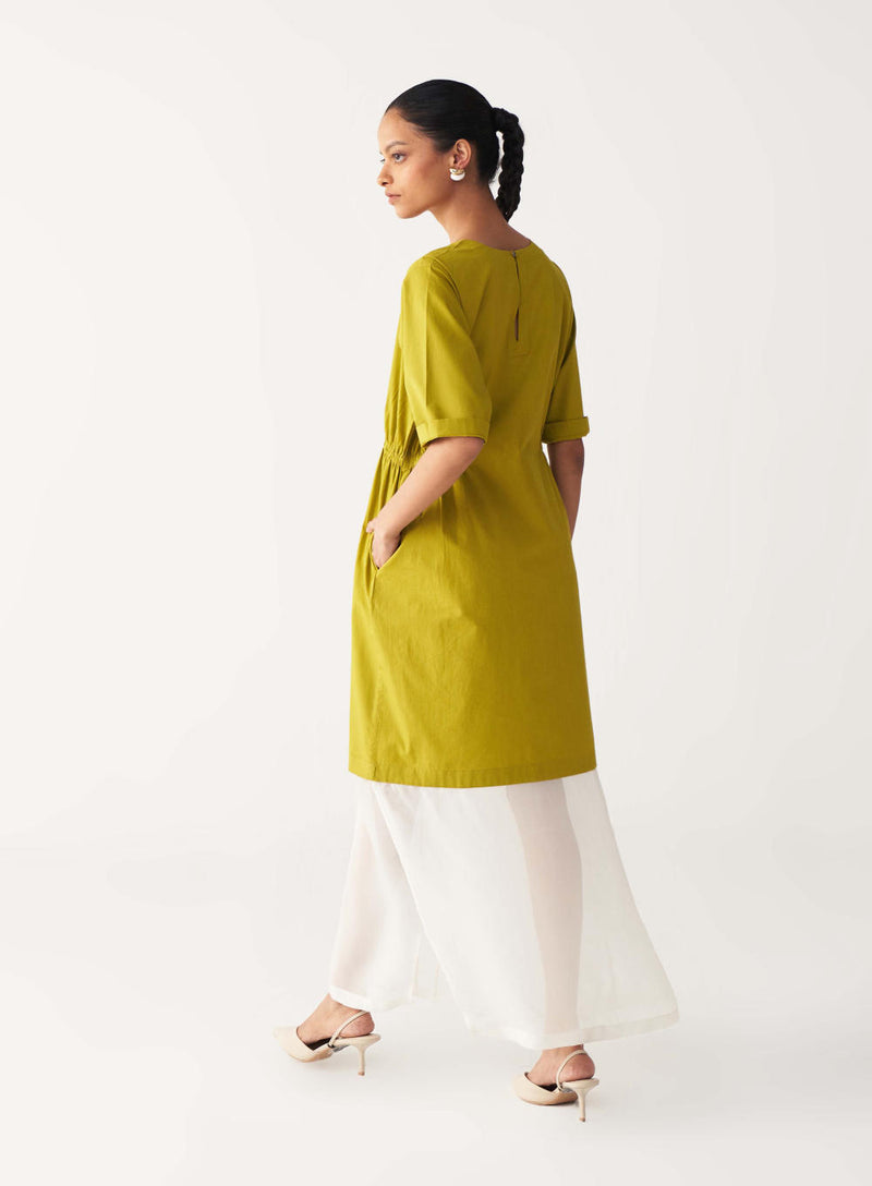 SHEER BOTTOM PANEL DRESS-LIME poplin by THREE for women in Singapore