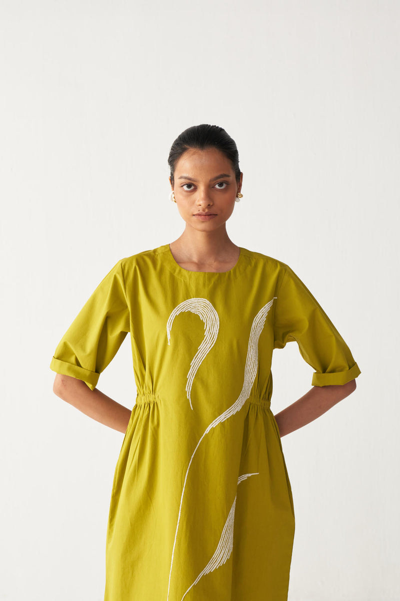 SHEER BOTTOM PANEL DRESS-LIME poplin by THREE for women in Singapore