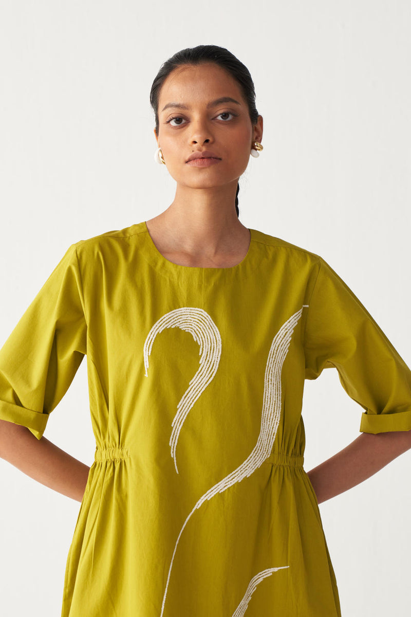 SHEER BOTTOM PANEL DRESS-LIME poplin by THREE for women in Singapore
