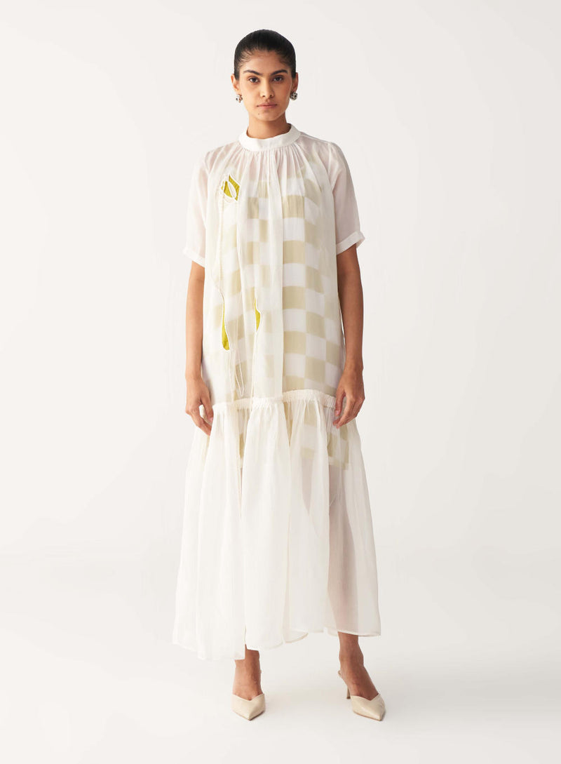SHEER BOTTOM FRILL DRESS+CHECK SLIP-IVORY organza by THREE in ivory color for women in Singapore