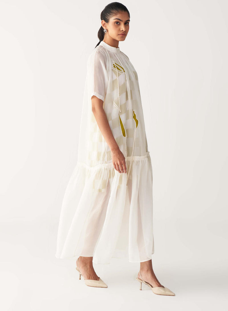 SHEER BOTTOM FRILL DRESS+CHECK SLIP-IVORY organza by THREE in ivory color for women in Singapore