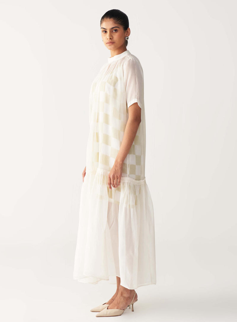 SHEER BOTTOM FRILL DRESS+CHECK SLIP-IVORY organza by THREE in ivory color for women in Singapore