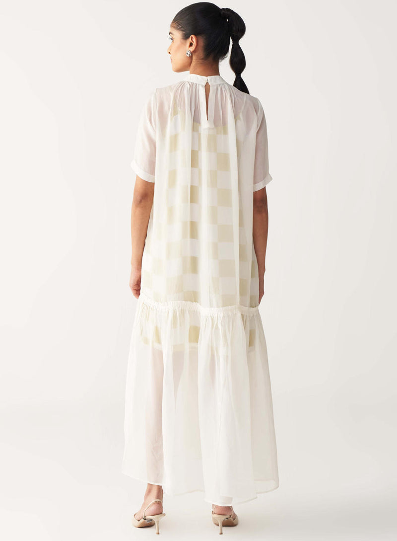 SHEER BOTTOM FRILL DRESS+CHECK SLIP-IVORY organza by THREE in ivory color for women in Singapore