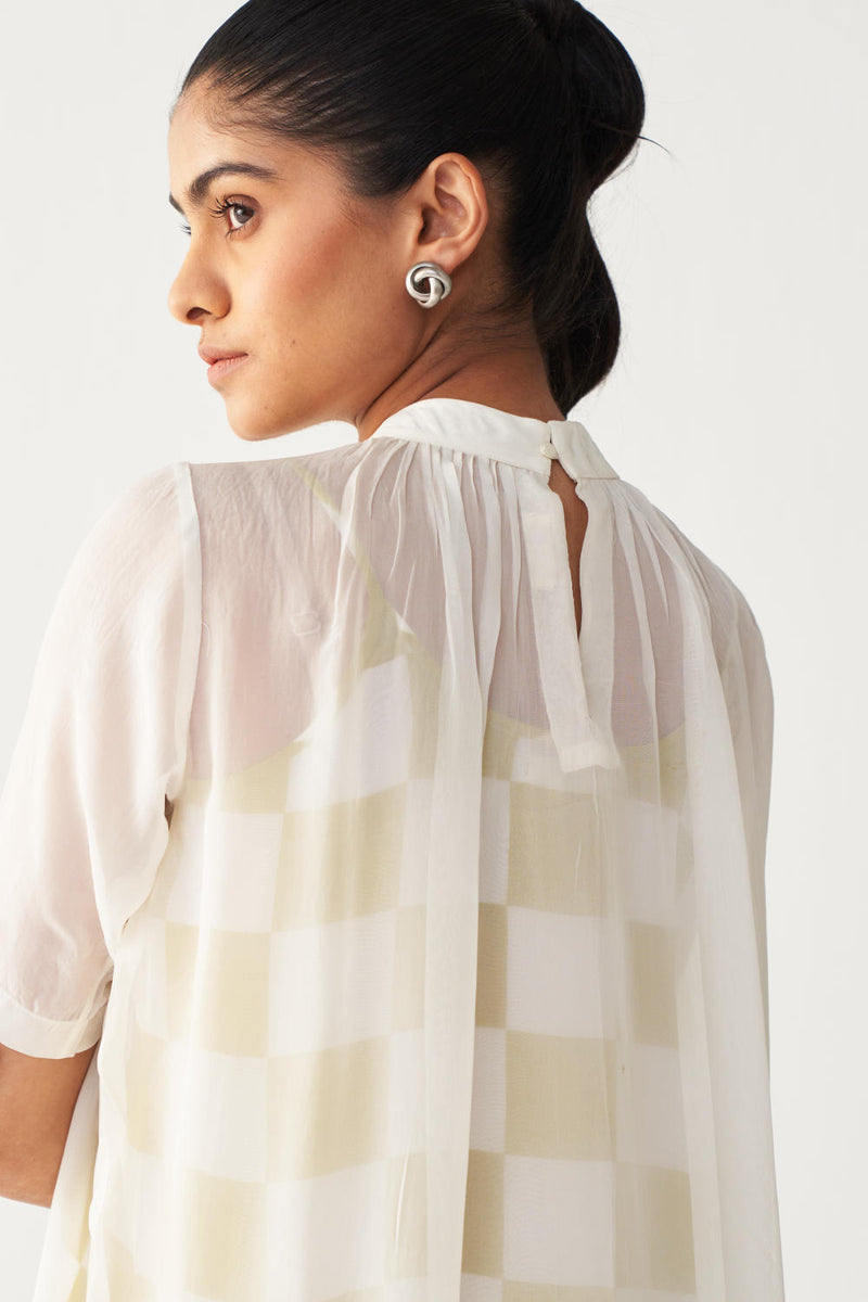 SHEER BOTTOM FRILL DRESS+CHECK SLIP-IVORY organza by THREE in ivory color for women in Singapore