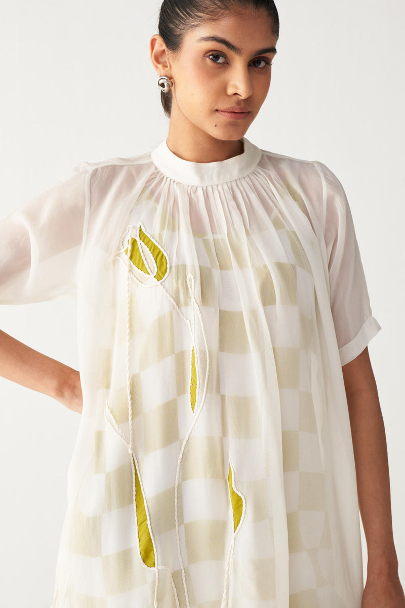 SHEER BOTTOM FRILL DRESS+CHECK SLIP-IVORY organza by THREE in ivory color for women in Singapore