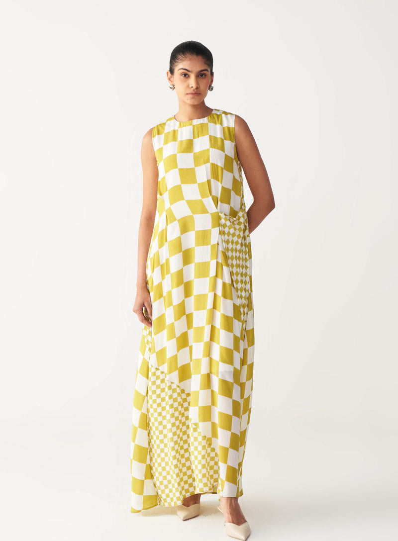 ASYMMETRIC DRESS +
IVORY CHANDERI SLIP-LIME CHECK by THREE for women in Singapore