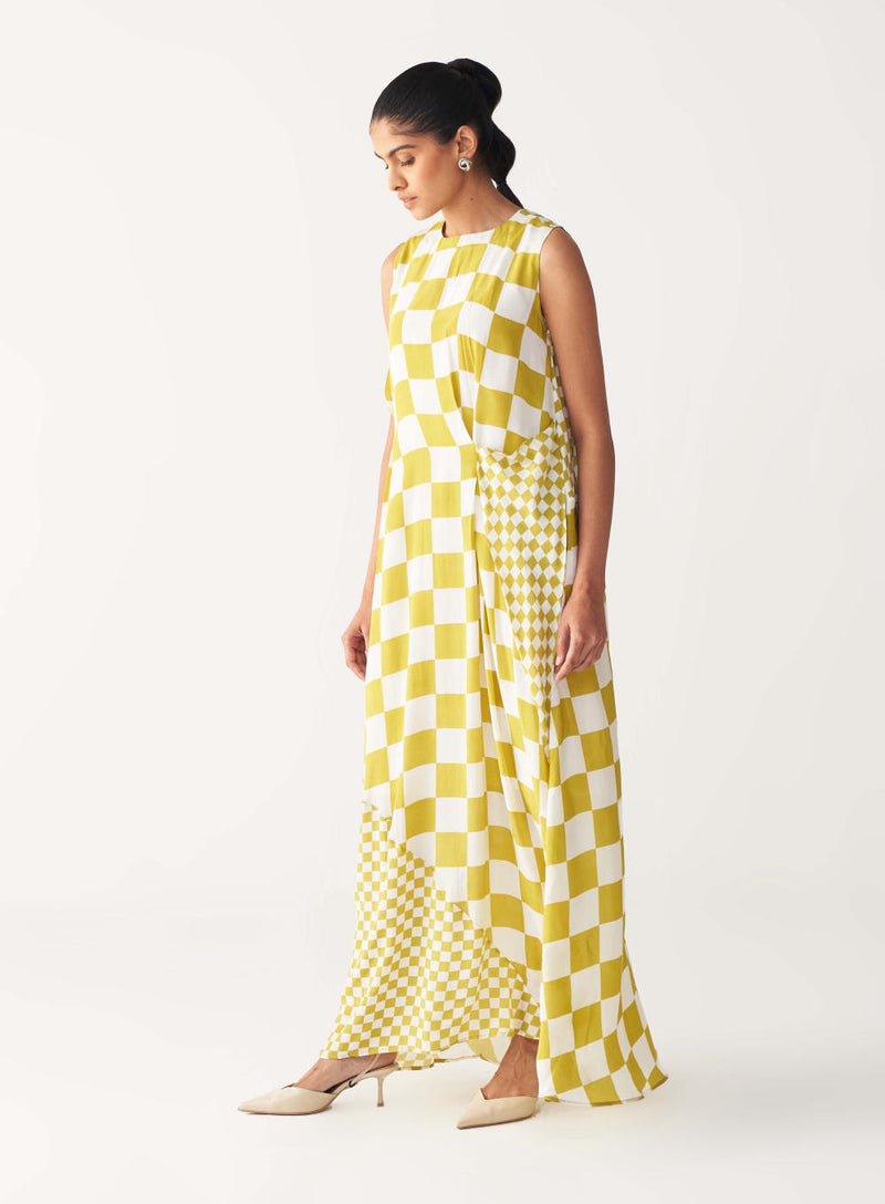 ASYMMETRIC DRESS +
IVORY CHANDERI SLIP-LIME CHECK by THREE for women in Singapore