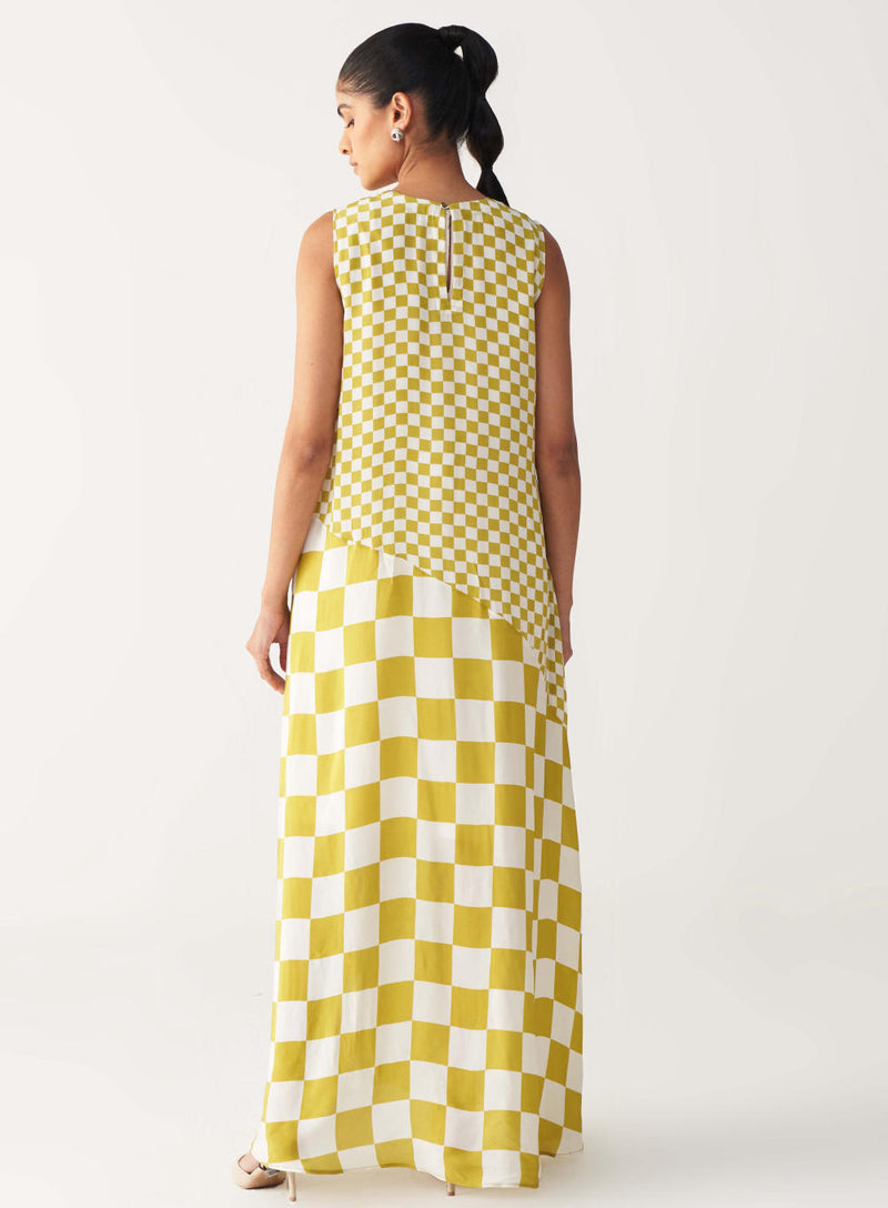 ASYMMETRIC DRESS +
IVORY CHANDERI SLIP-LIME CHECK by THREE for women in Singapore