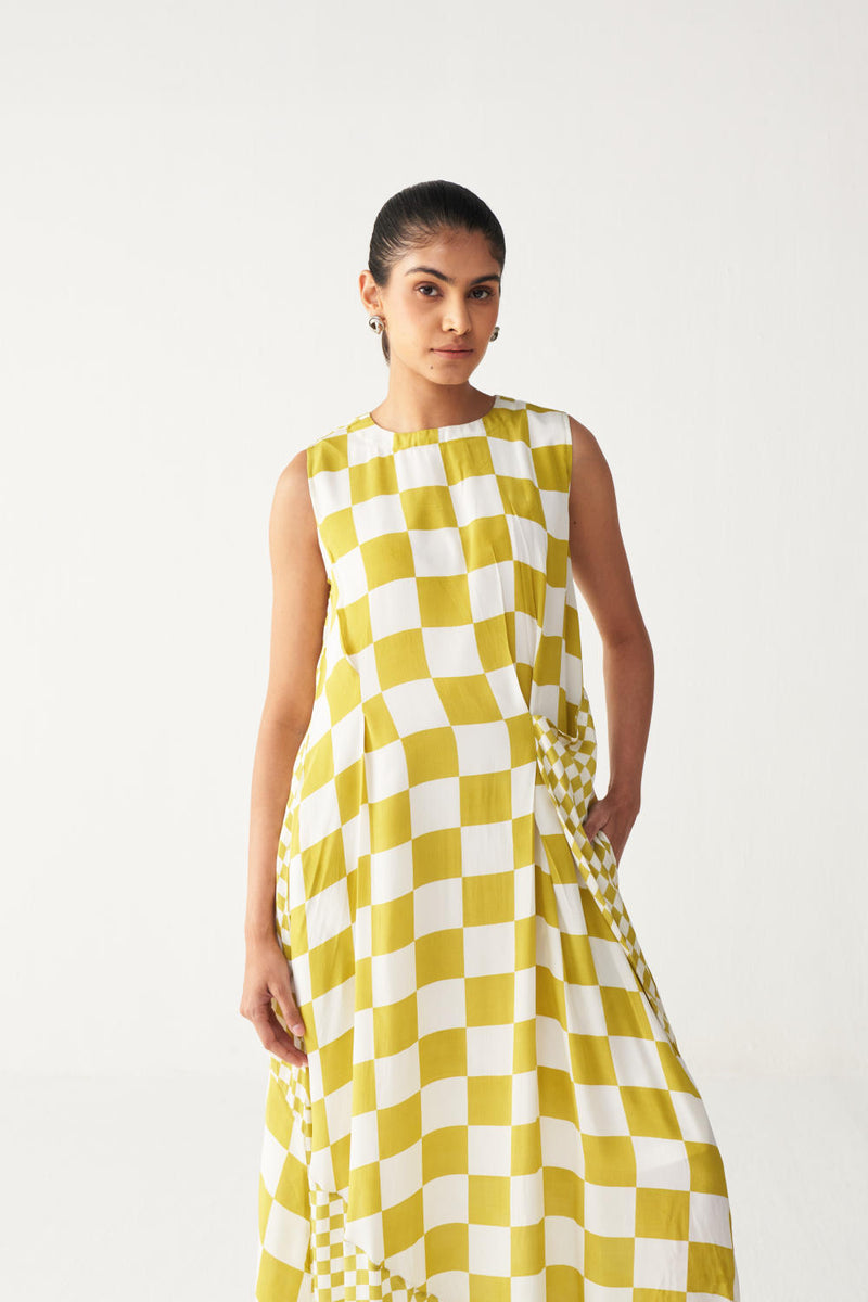 ASYMMETRIC DRESS +
IVORY CHANDERI SLIP-LIME CHECK by THREE for women in Singapore