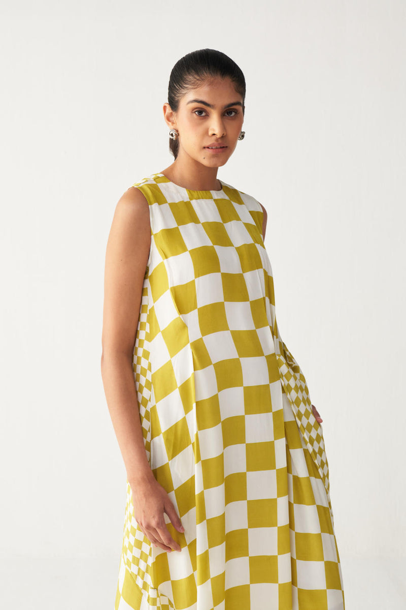 ASYMMETRIC DRESS +
IVORY CHANDERI SLIP-LIME CHECK by THREE for women in Singapore