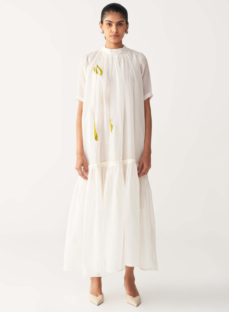 SHEER BOTTOM FRILL DRESS +
IVORY CHANDERI SLIP-IVORY organza by THREE in white color for women in Singapore