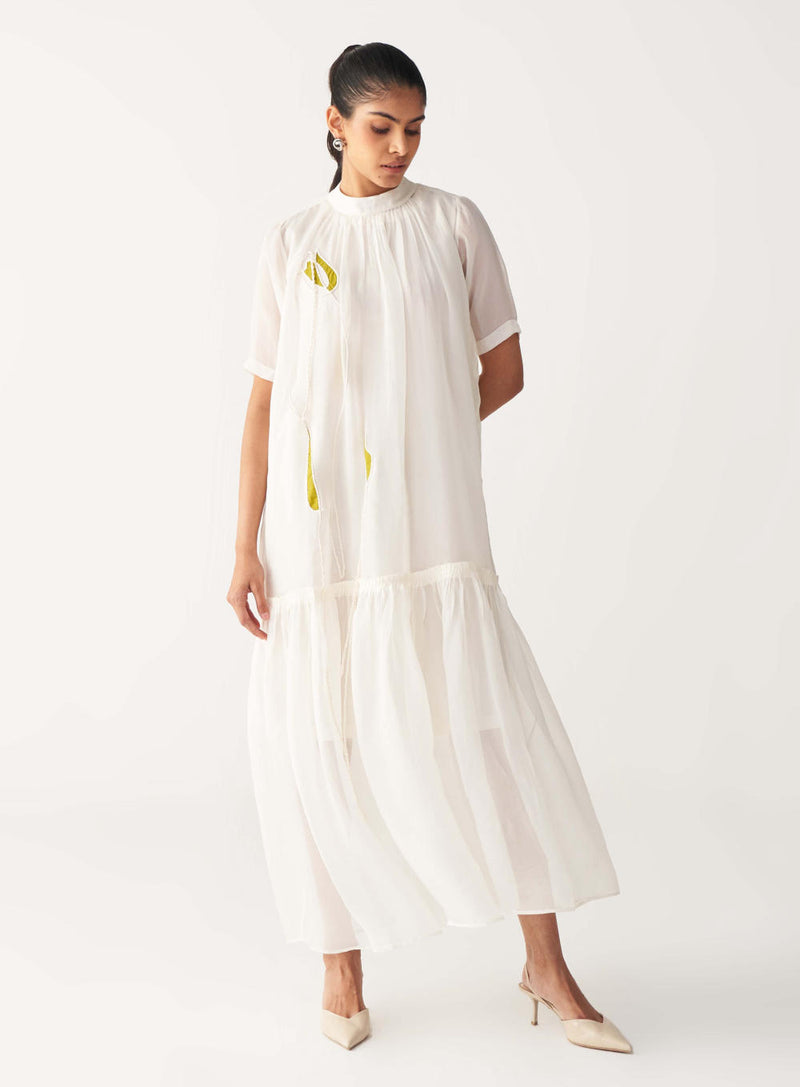 SHEER BOTTOM FRILL DRESS +
IVORY CHANDERI SLIP-IVORY organza by THREE in white color for women in Singapore
