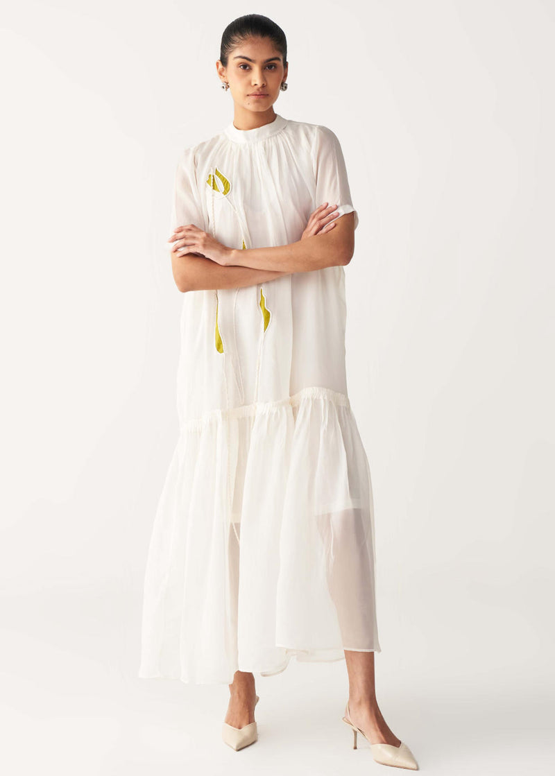 SHEER BOTTOM FRILL DRESS +
IVORY CHANDERI SLIP-IVORY organza by THREE in white color for women in Singapore