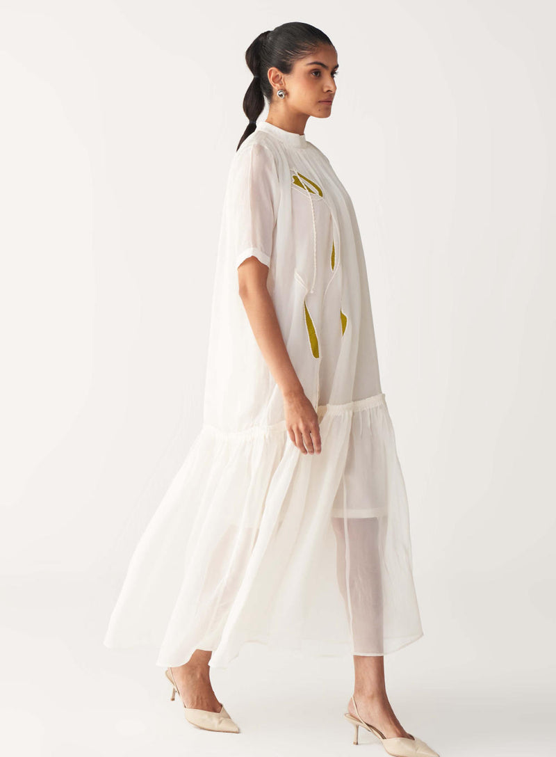 SHEER BOTTOM FRILL DRESS +
IVORY CHANDERI SLIP-IVORY organza by THREE in white color for women in Singapore