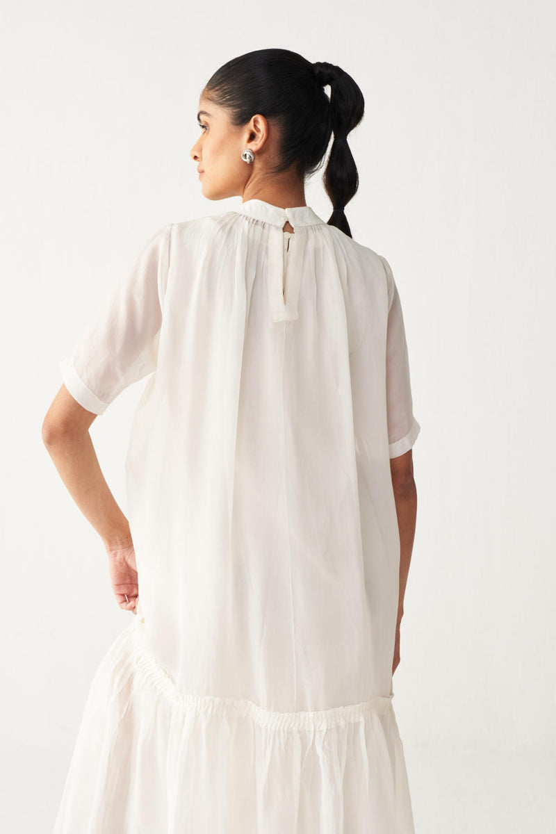 SHEER BOTTOM FRILL DRESS +
IVORY CHANDERI SLIP-IVORY organza by THREE in white color for women in Singapore