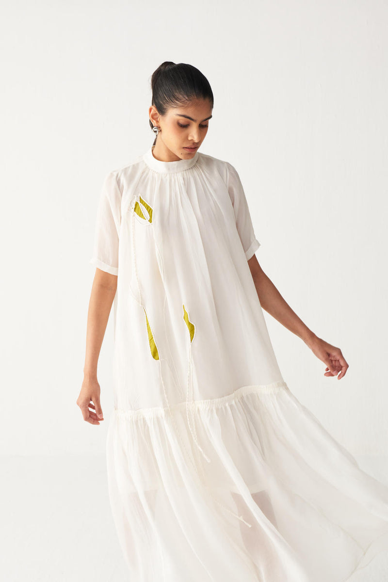 SHEER BOTTOM FRILL DRESS +
IVORY CHANDERI SLIP-IVORY organza by THREE in white color for women in Singapore