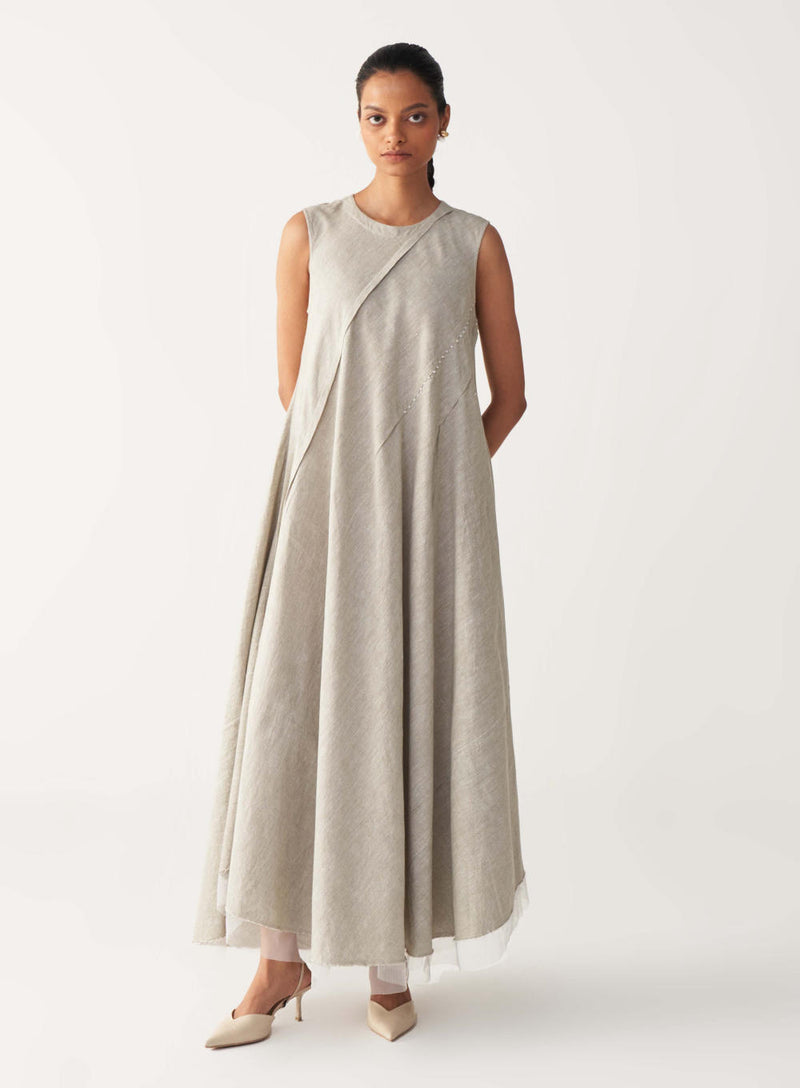 DIAGONAL PLEAT DRESS-BEIGE cotton by THREE in beige color for women in Singapore