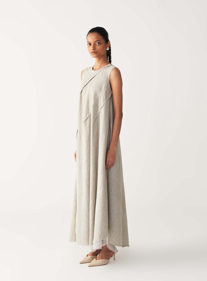 DIAGONAL PLEAT DRESS-BEIGE cotton by THREE in beige color for women in Singapore