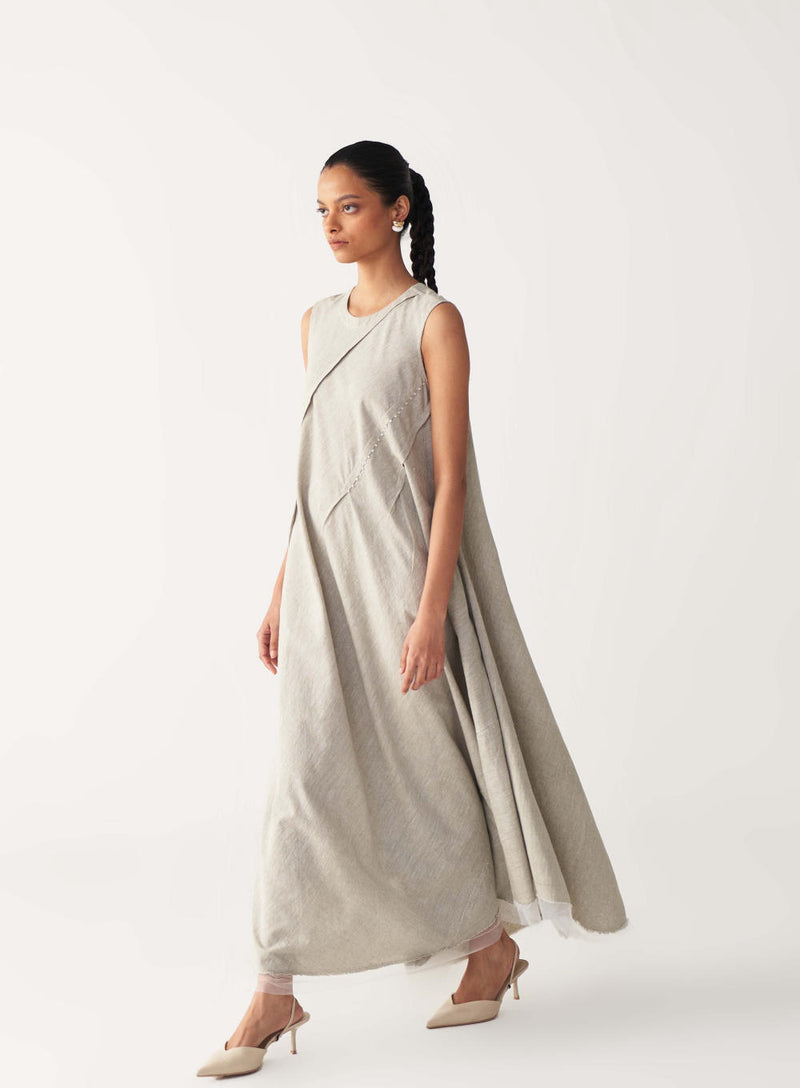 DIAGONAL PLEAT DRESS-BEIGE cotton by THREE in beige color for women in Singapore