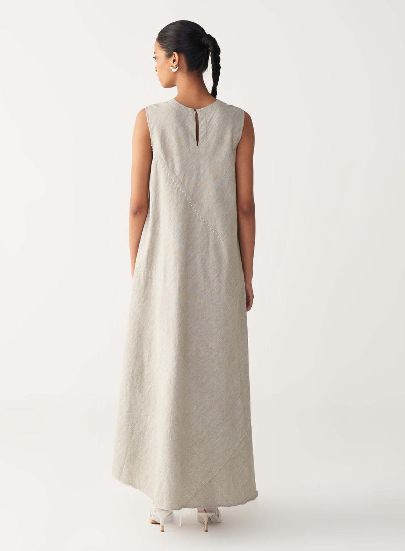 DIAGONAL PLEAT DRESS-BEIGE cotton by THREE in beige color for women in Singapore
