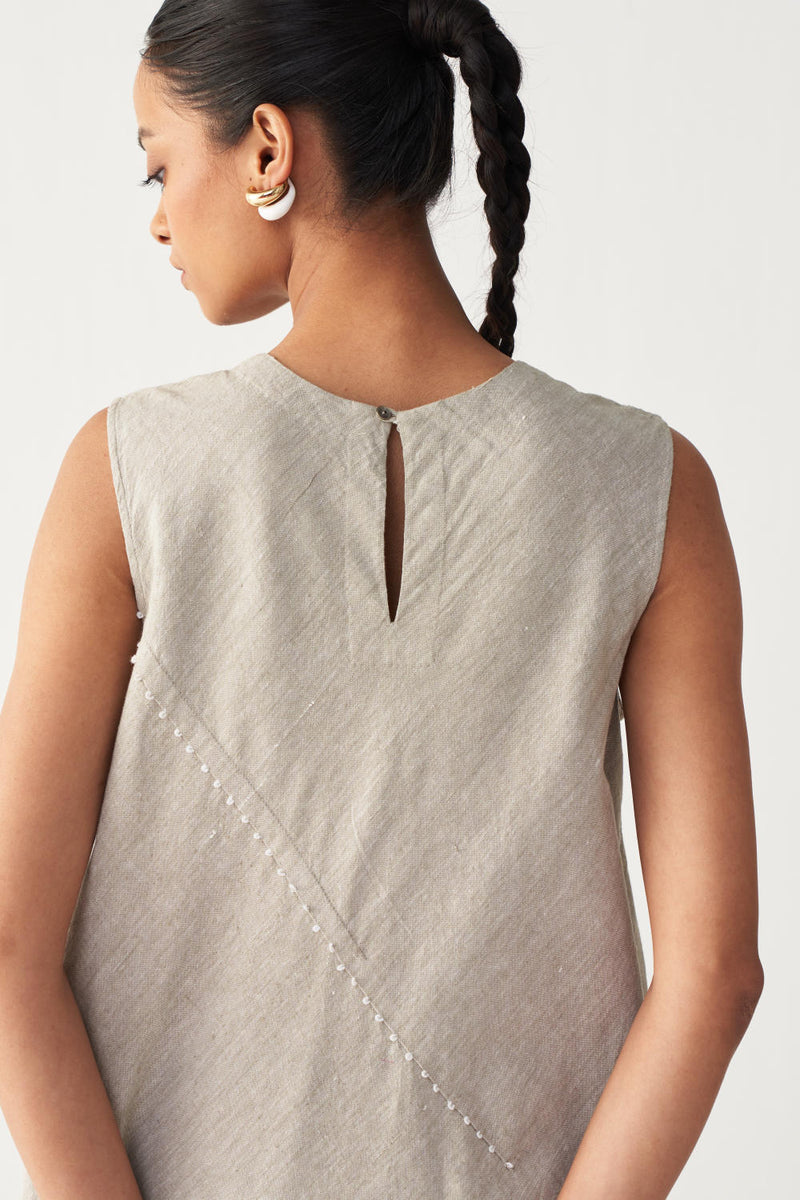 DIAGONAL PLEAT DRESS-BEIGE cotton by THREE in beige color for women in Singapore
