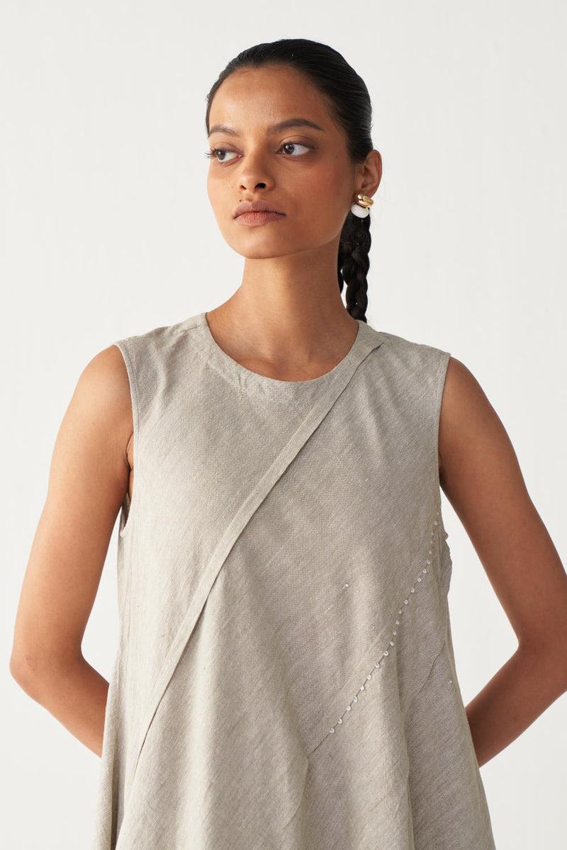 DIAGONAL PLEAT DRESS-BEIGE cotton by THREE in beige color for women in Singapore
