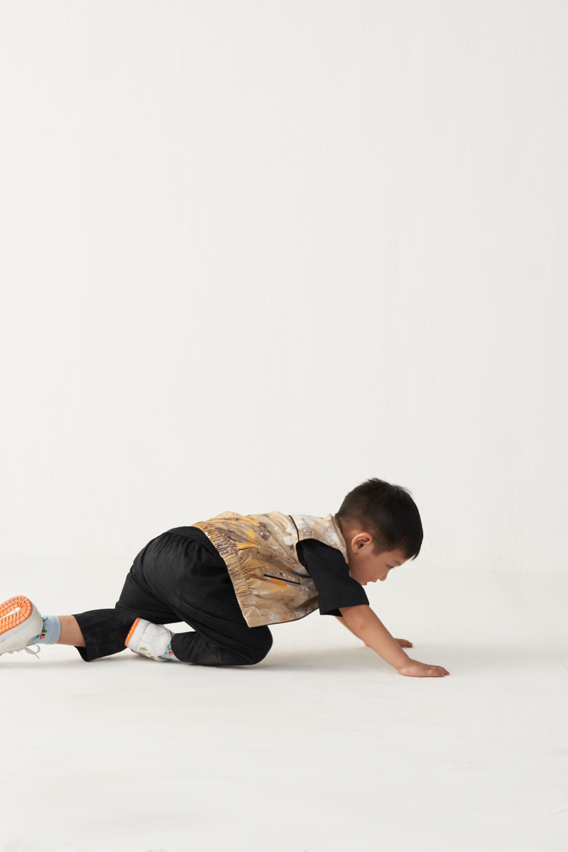 KIDS PAINTER BOMBER (SET OF 2)-BLACK & MUSTARD poplin by THREE Kids for kids in Singapore