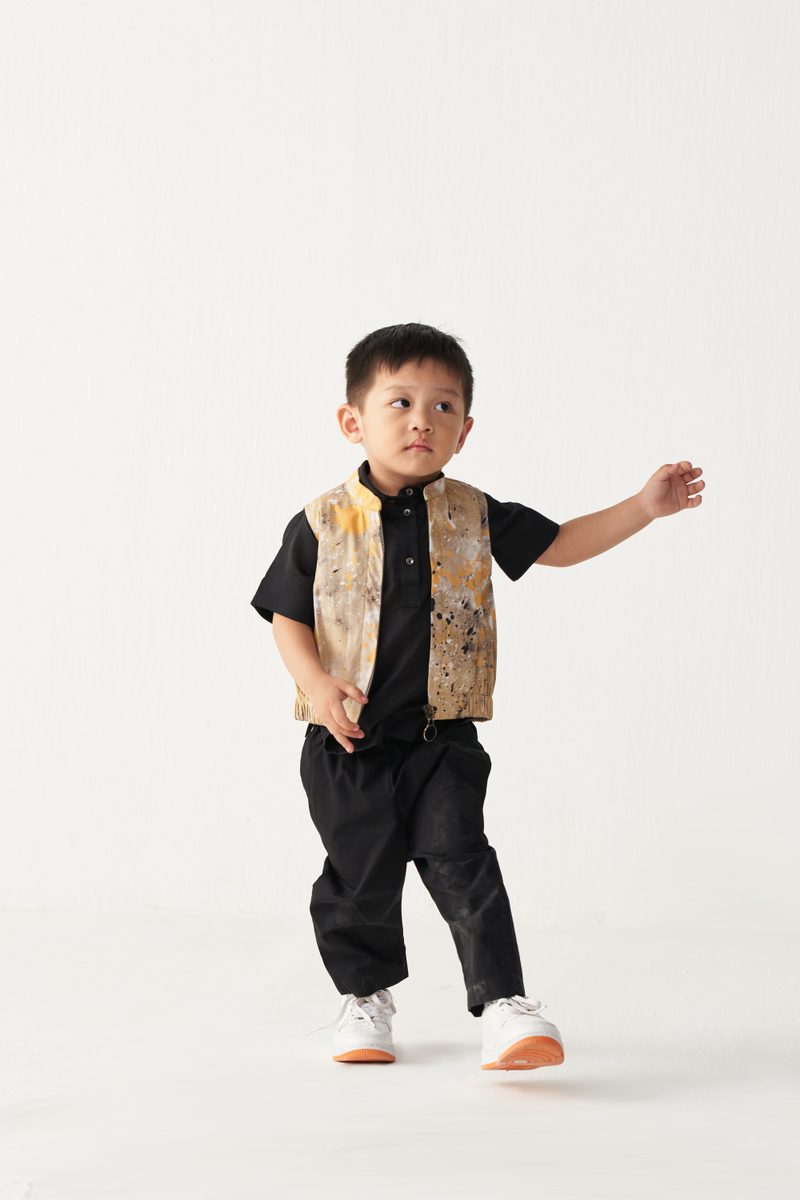 KIDS PAINTER BOMBER (SET OF 2)-BLACK & MUSTARD poplin by THREE Kids for kids in Singapore