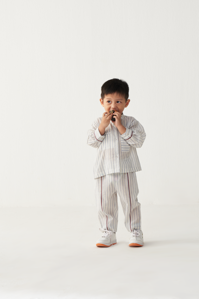 KIDS BAND COLLAR SHIRT- BLUE/STRIPE mul by THREE Kids for kids in Singapore