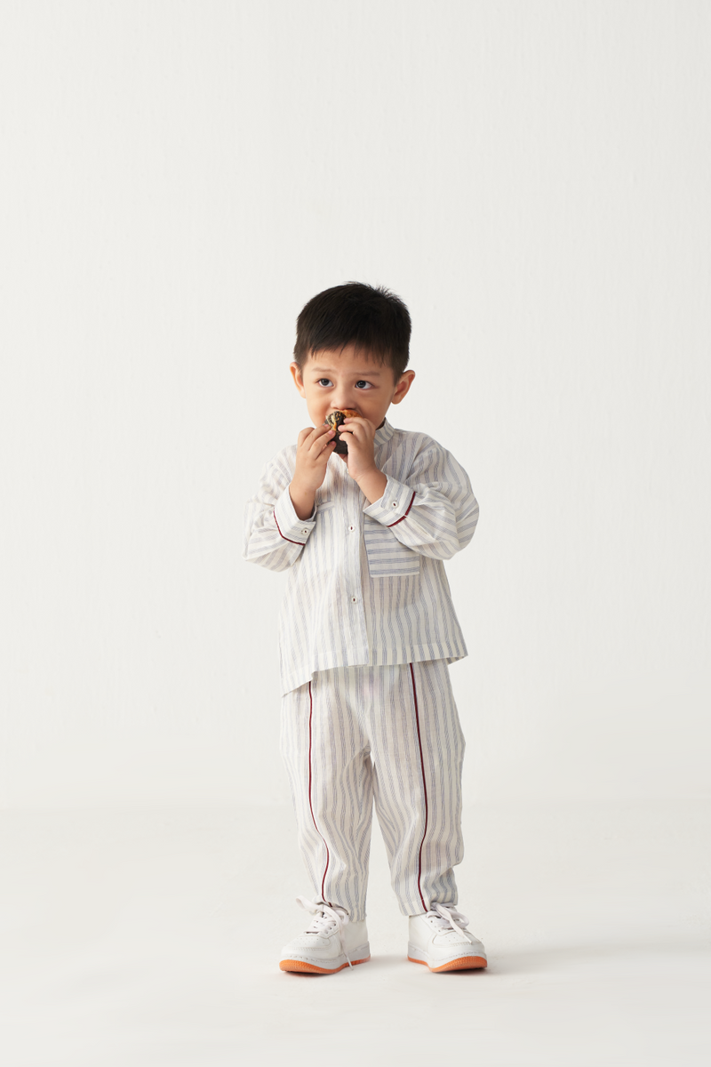 KIDS BAND COLLAR SHIRT- BLUE/STRIPE mul by THREE Kids for kids in Singapore