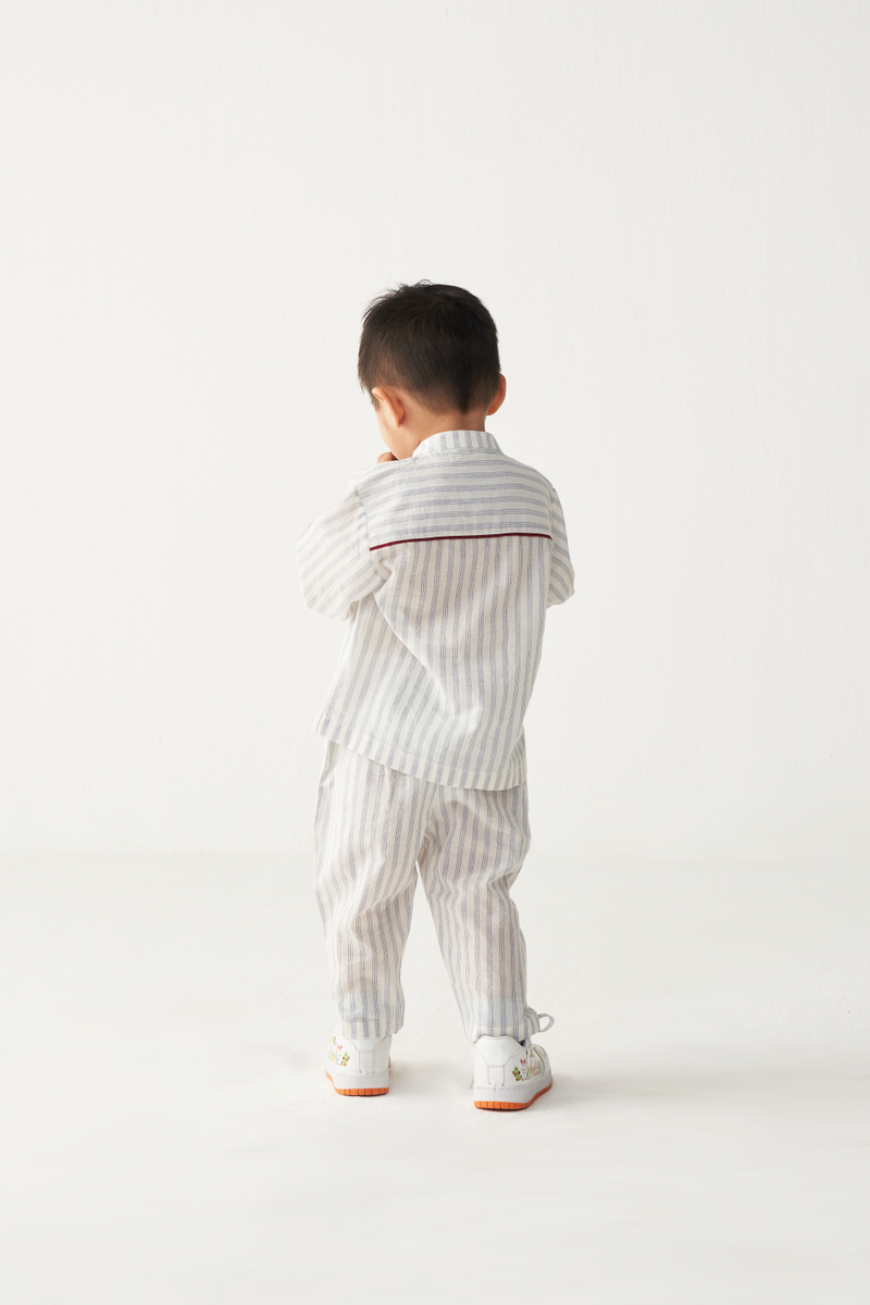 KIDS BAND COLLAR SHIRT- BLUE/STRIPE mul by THREE Kids for kids in Singapore