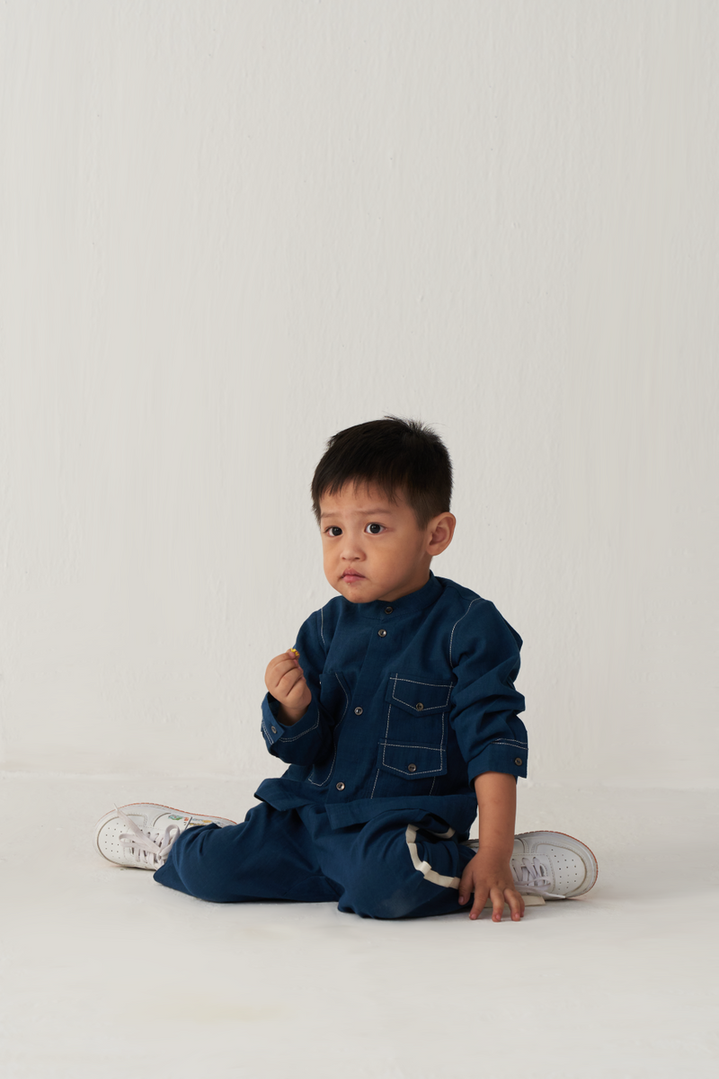 KIDS DOUBLE PATCH POCKET SHIRT- INDIGO by THREE Kids for kids in Singapore