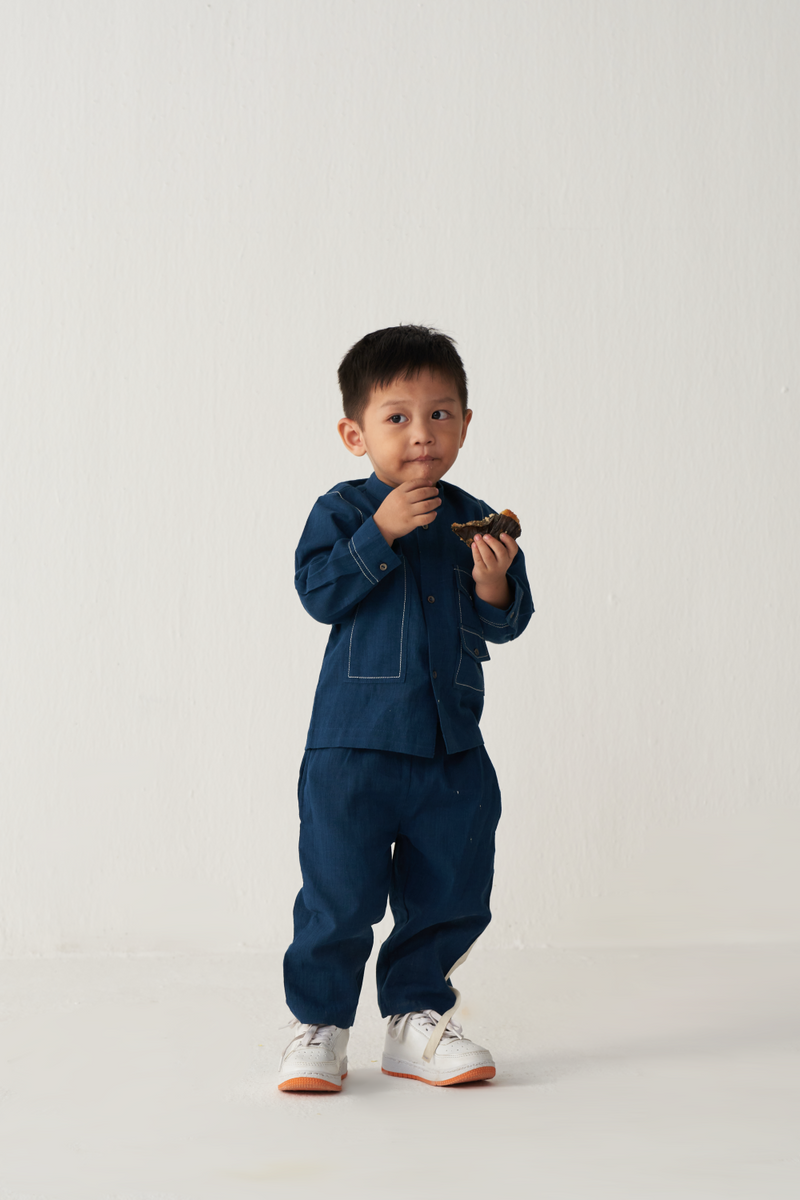 KIDS DOUBLE PATCH POCKET SHIRT- INDIGO by THREE Kids for kids in Singapore