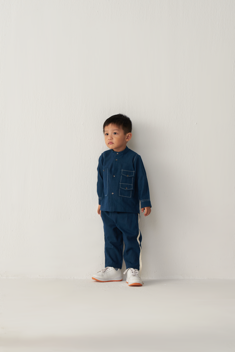 KIDS DOUBLE PATCH POCKET SHIRT CO-ORD-INDIGO by THREE Kids for kids in Singapore