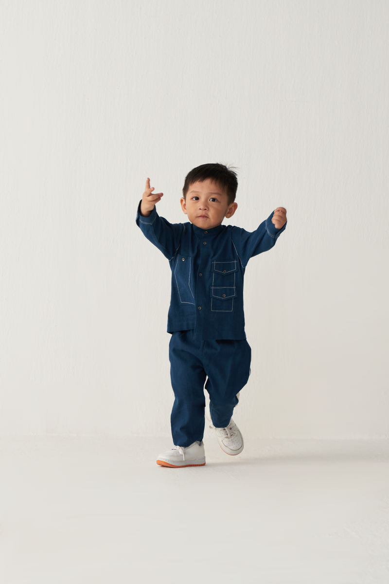 KIDS DOUBLE PATCH POCKET SHIRT CO-ORD-INDIGO by THREE Kids for kids in Singapore