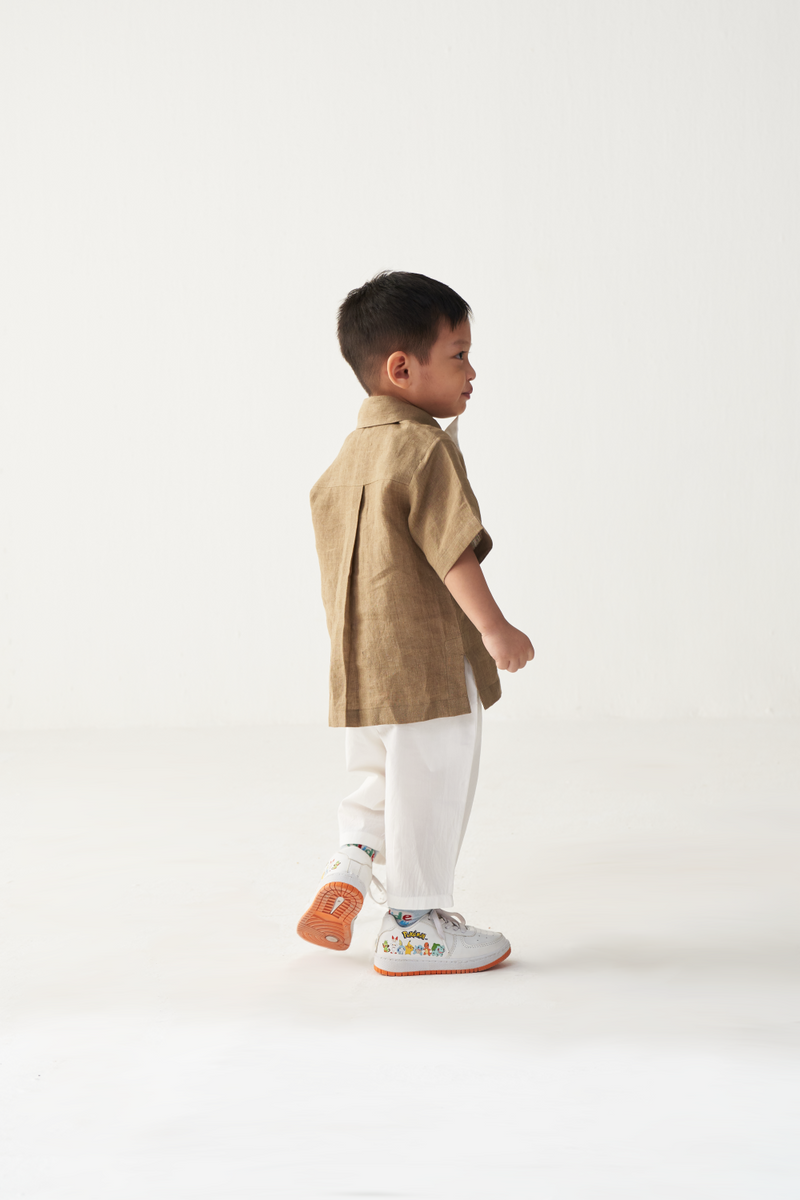 KIDS EMB. CIRCLE SHIRT- SAND linen by THREE Kids for kids in Singapore