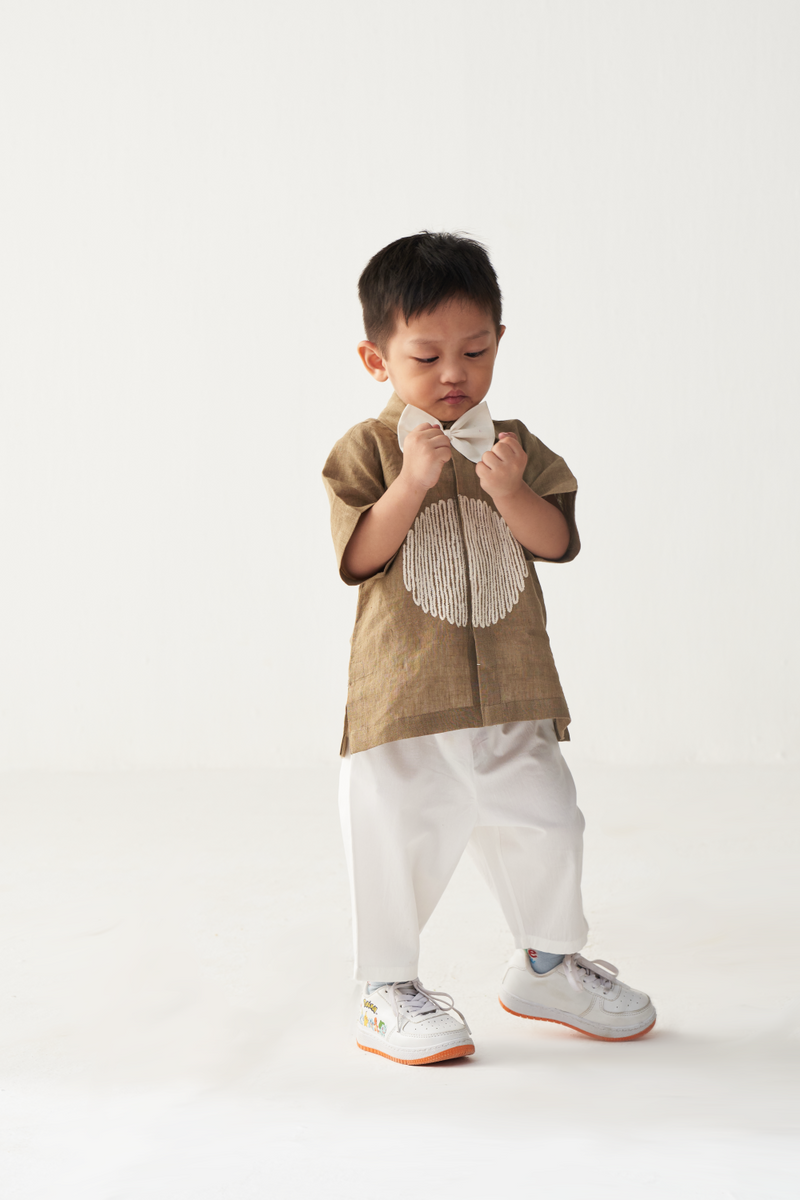 KIDS EMB. CIRCLE SHIRT- SAND linen by THREE Kids for kids in Singapore
