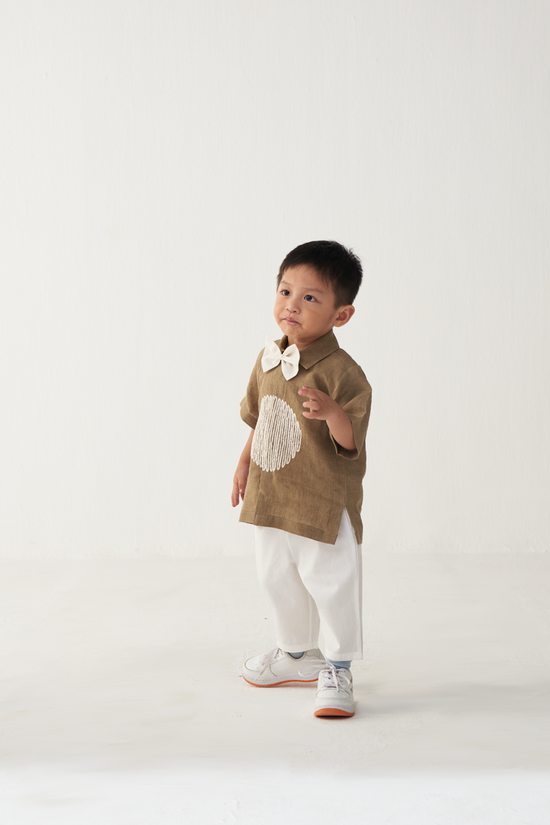 KIDS EMB. CIRCLE SHIRT CO-ORD-SAND & WHITE poplin by THREE Kids for kids in Singapore