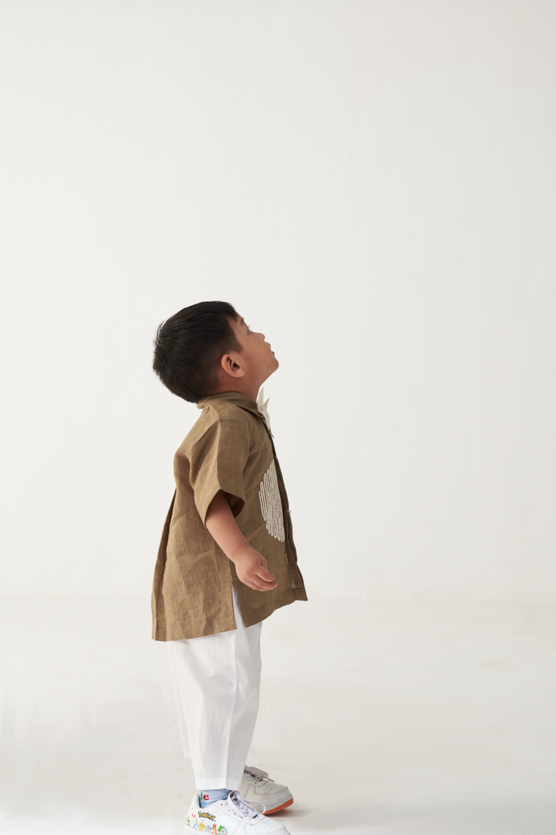 KIDS EMB. CIRCLE SHIRT- SAND linen by THREE Kids for kids in Singapore