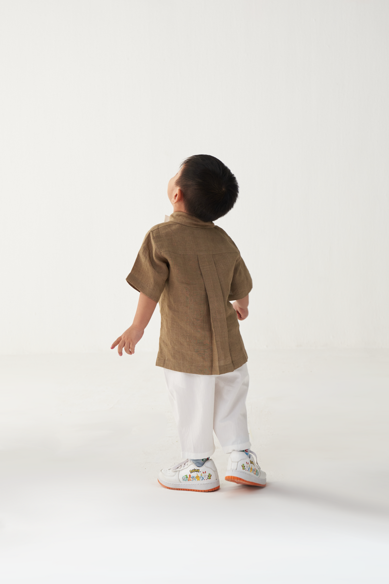 KIDS EMB. CIRCLE SHIRT CO-ORD-SAND & WHITE poplin by THREE Kids for kids in Singapore