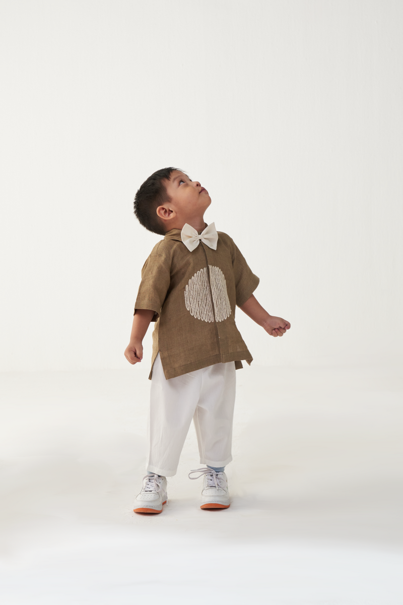 KIDS EMB. CIRCLE SHIRT- SAND linen by THREE Kids for kids in Singapore
