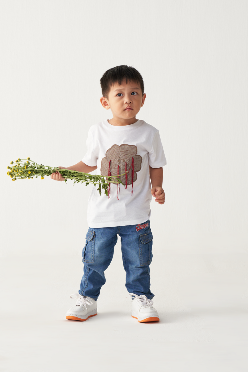 KIDS FLORAL FRINGE T-SHIRT-WHITE cotton by THREE Kids for kids in Singapore