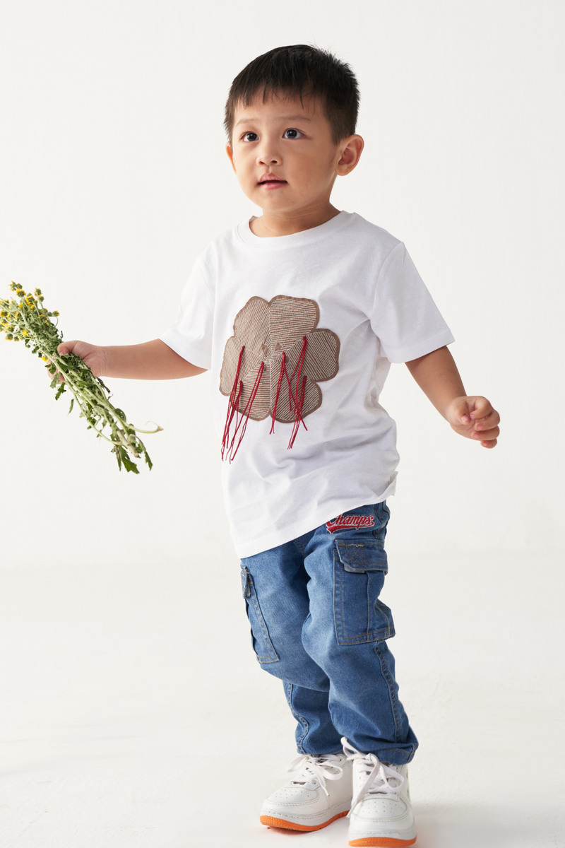 KIDS FLORAL FRINGE T-SHIRT-WHITE cotton by THREE Kids for kids in Singapore