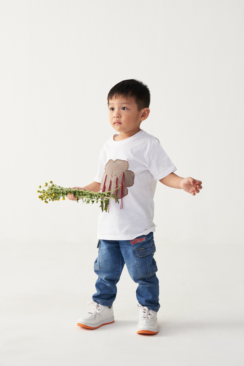 KIDS FLORAL FRINGE T-SHIRT-WHITE cotton by THREE Kids for kids in Singapore