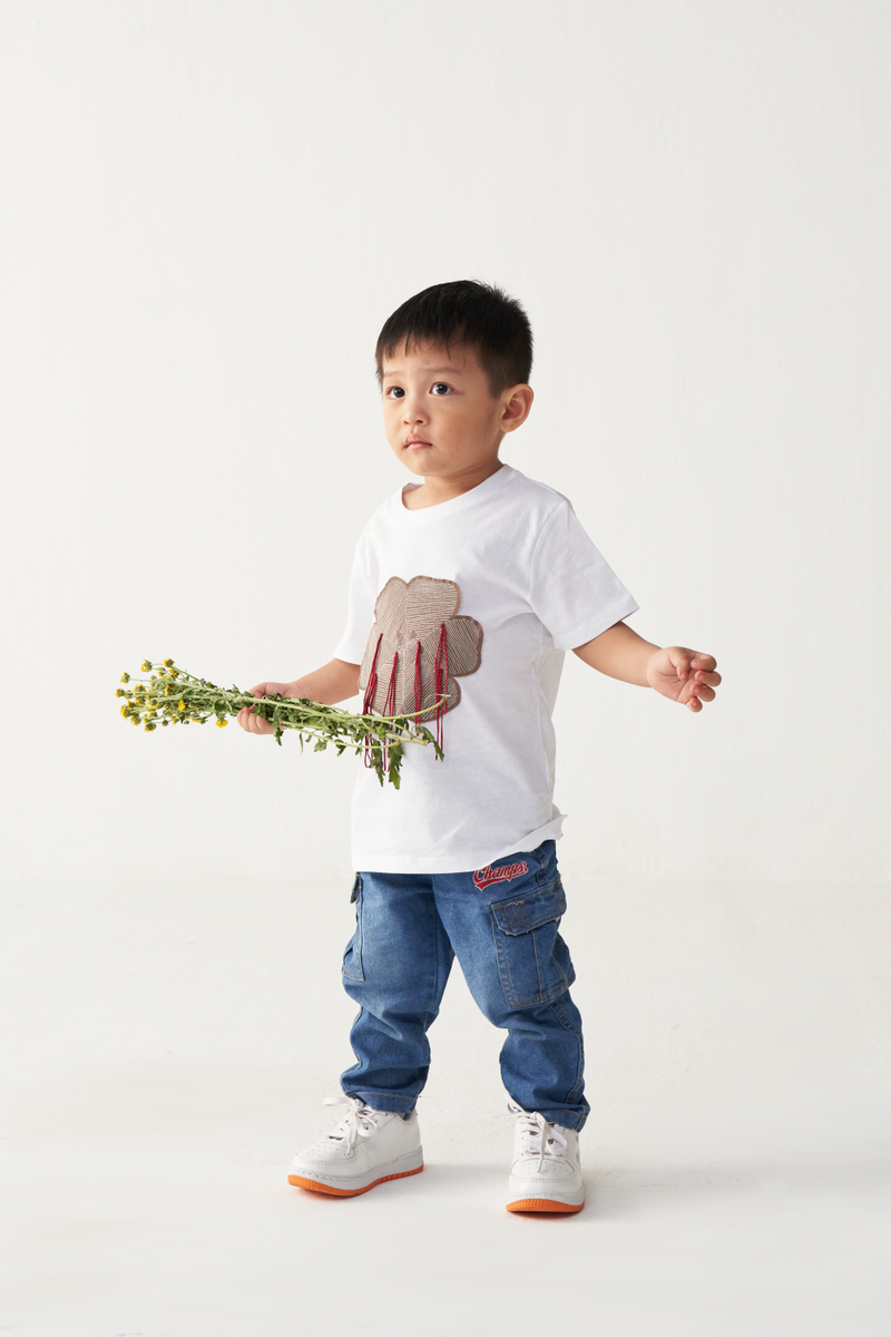 KIDS FLORAL FRINGE T-SHIRT-WHITE cotton by THREE Kids for kids in Singapore