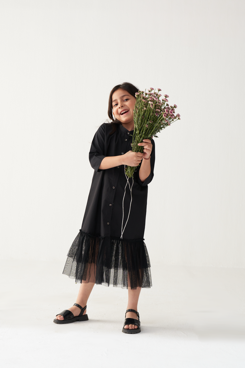 KIDS POPPY APPLIQUE FRILL DRESS-BLACK poplin by THREE Kids for kids in Singapore