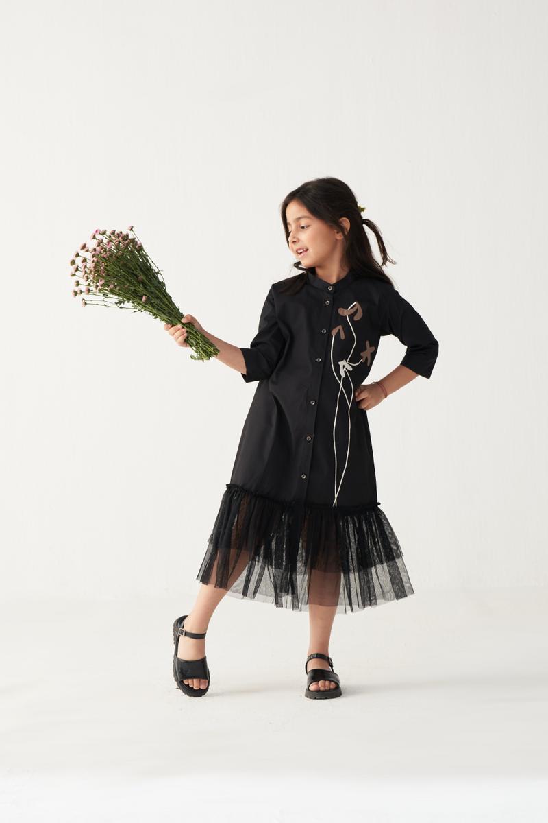 KIDS POPPY APPLIQUE FRILL DRESS-BLACK poplin by THREE Kids for kids in Singapore