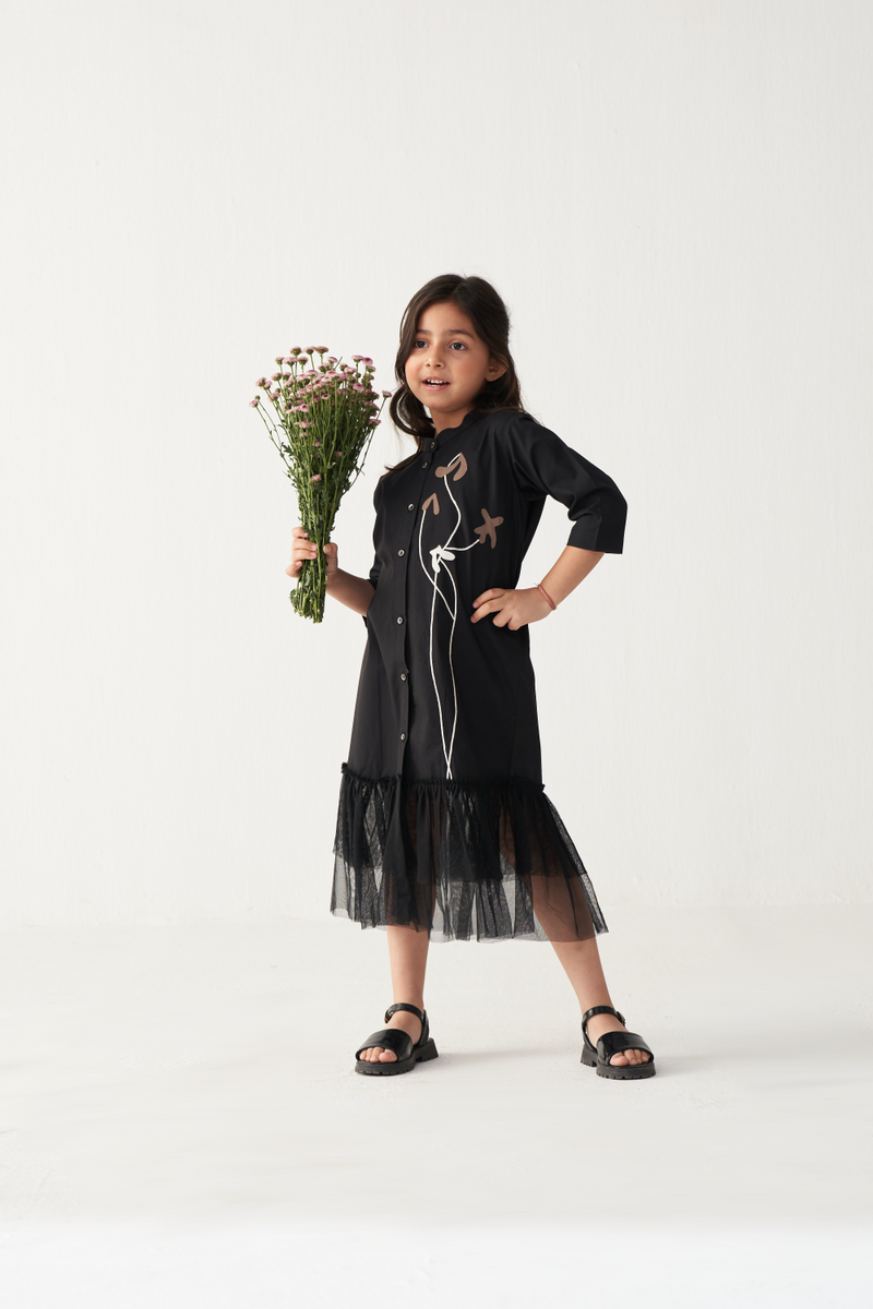 KIDS POPPY APPLIQUE FRILL DRESS-BLACK poplin by THREE Kids for kids in Singapore