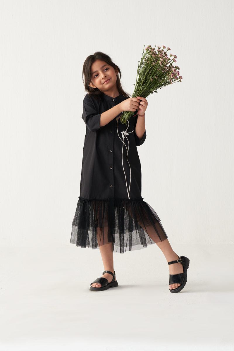 KIDS POPPY APPLIQUE FRILL DRESS-BLACK poplin by THREE Kids for kids in Singapore